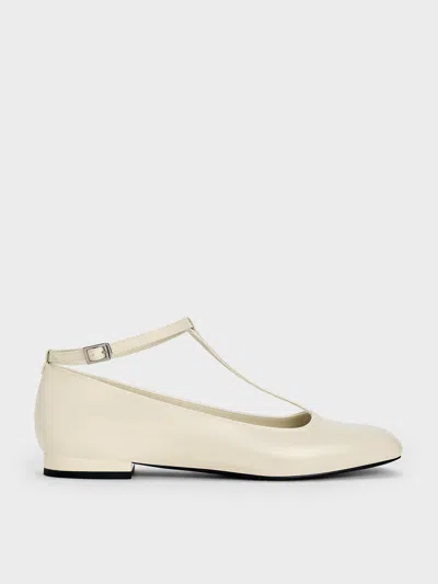 Charles & Keith - Patent T-bar Ankle-strap Ballet Flats In Chalk