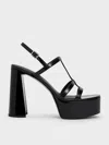 Charles & Keith - Patent T-bar Strappy Platform Sandals In Black Patent
