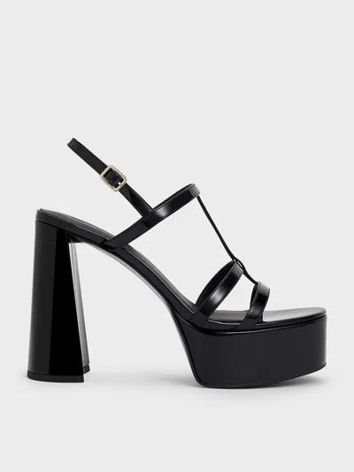 Charles & Keith - Patent T-bar Strappy Platform Sandals In Black Patent