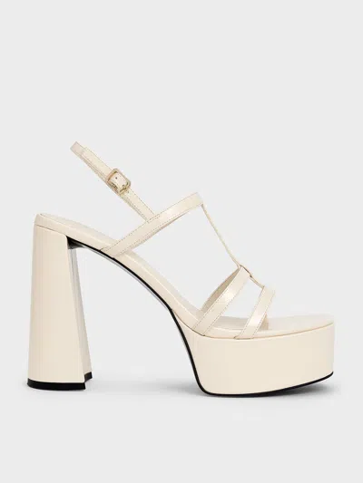 Charles & Keith - Patent T-bar Strappy Platform Sandals In Chalk