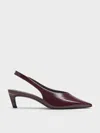 Charles & Keith - Patent Tapered Square-toe Slingback Kitten Heels In Burgundy