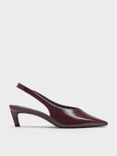 Charles & Keith - Patent Tapered Square-toe Slingback Kitten Heels In Burgundy