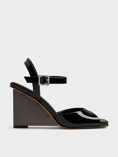 Charles & Keith - Patent Translucent-heel Ankle-strap Wedges In Black