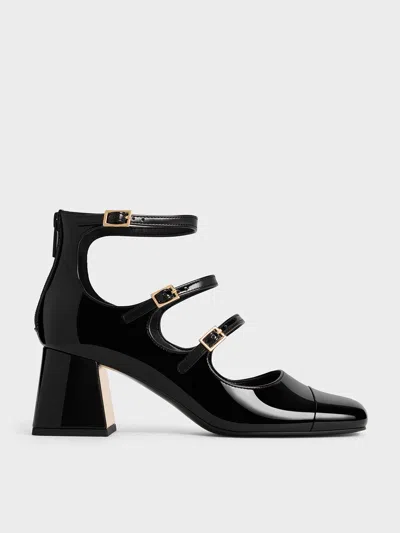 Charles & Keith - Patent Triple-strap Cap-toe Mary Jane Pumps In Black Patent
