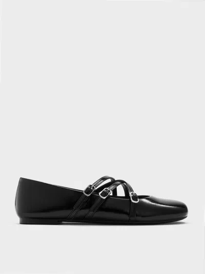Charles & Keith - Patent Triple-strap Crossover Mary Jane Flats In Black