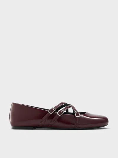 Charles & Keith - Patent Triple-strap Crossover Mary Jane Flats In Burgundy