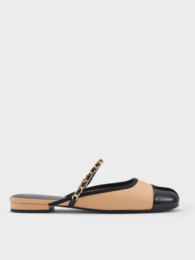 Charles & Keith - Patent Two-tone Chain-strap Mules In Sand