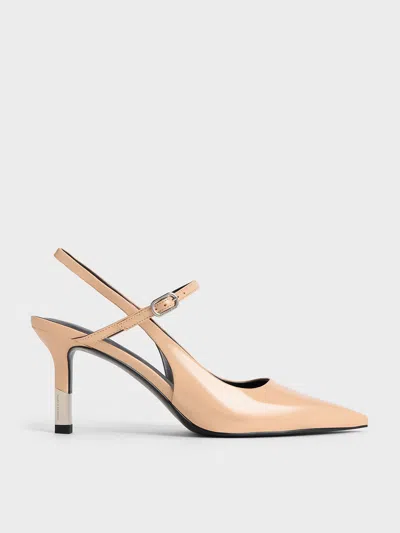 Charles & Keith - Patent Two-tone Heel Slingback Pumps In Nude