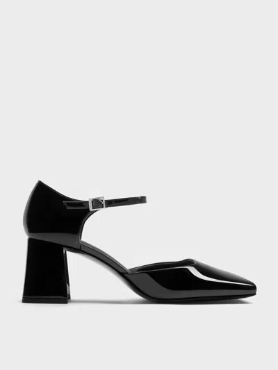 Charles & Keith - Patricia Patent Square-toe D'orsay Ankle-strap Pumps In Black