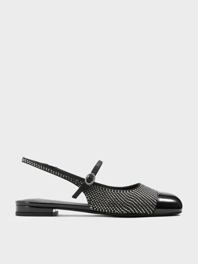 Charles & Keith - Pearl & Crystal-embellished Cap-toe Slingback Mary Jane Flats In Black