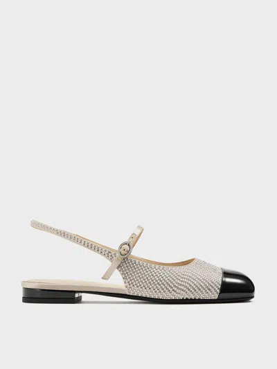 Charles & Keith - Pearl & Crystal-embellished Cap-toe Slingback Mary Jane Flats In Gold
