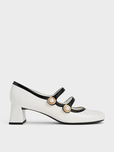 Charles & Keith - Pearl-buckle Two-tone Mary Jane Pumps In White