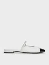 Charles & Keith - Pearl-embellished Cap-toe Flat Mules In White