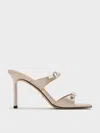 Charles & Keith - Pearlescent Leather Gem-buckle Double-strap Heeled Sandals In White