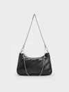 Charles & Keith - Philomena Crinkle-effect Chain-strap Crossbody Bag In Black