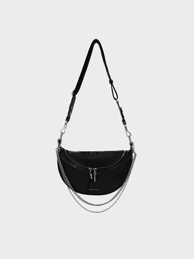 Charles & Keith - Philomena Crinkle-effect Half-moon Crossbody Bag In Noir