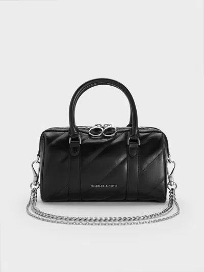 Charles & Keith - Philomena Panelled Chain-handle Bowling Bag In Black