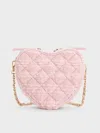 Charles & Keith - Philomena Tweed Bow Quilted Heart Crossbody Bag In Pink