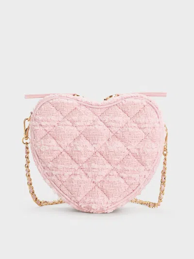 Charles & Keith - Philomena Tweed Bow Quilted Heart Crossbody Bag In Pink