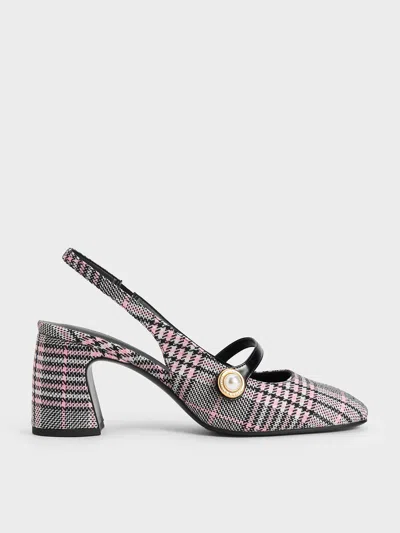 Charles & Keith - Plaid Pearl-accent Mary Jane Pumps In Pink