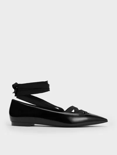 Charles & Keith - Pointed-toe Tie-around Ballet Flats In Black Box
