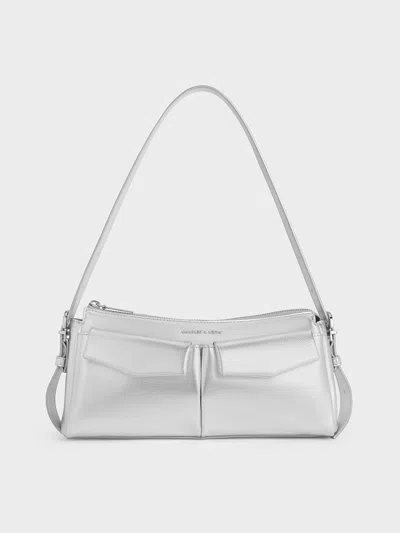 Charles & Keith - Rachel Elongated Front-pocket Chain-handle Bag In Silver