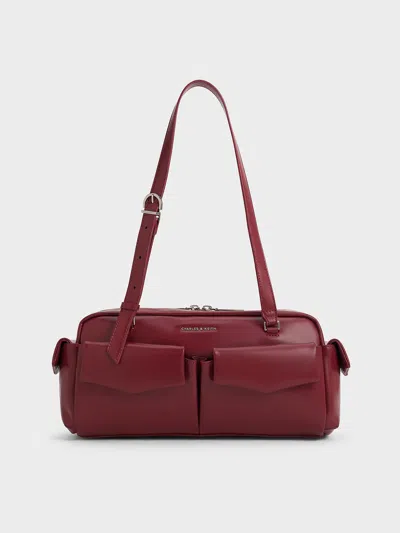 Charles & Keith - Rachel Elongated Multi-pocket Shoulder Bag In Burgundy
