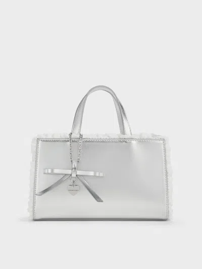 Charles & Keith - Raina Metallic Lace-trim Tote Bag In Silver
