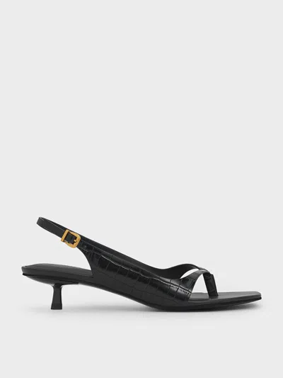 Charles & Keith - Square-toe Kitten-heel Thong Sandals In Animal Print Black