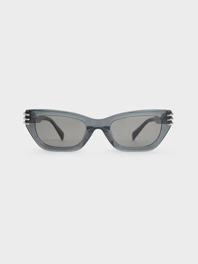 Charles & Keith - Recycled Acetate Metallic-accent Angular Cat-eye Sunglasses In Navy