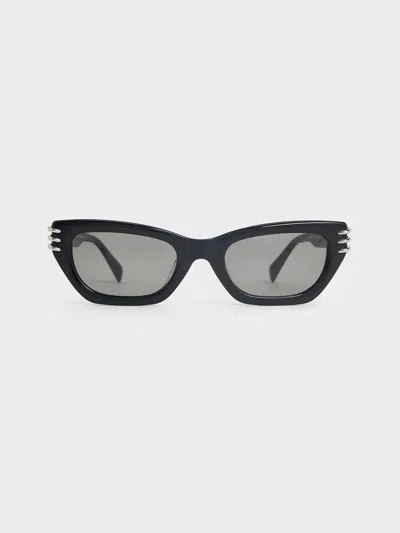Charles & Keith - Recycled Acetate Metallic-accent Angular Cat-eye Sunglasses In Noir