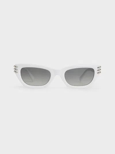 Charles & Keith - Recycled Acetate Metallic-accent Angular Cat-eye Sunglasses In White