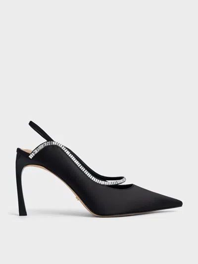 Charles & Keith - Recycled Polyester Crystal-embellished Pointed-toe Slingback Pumps In Black Textured