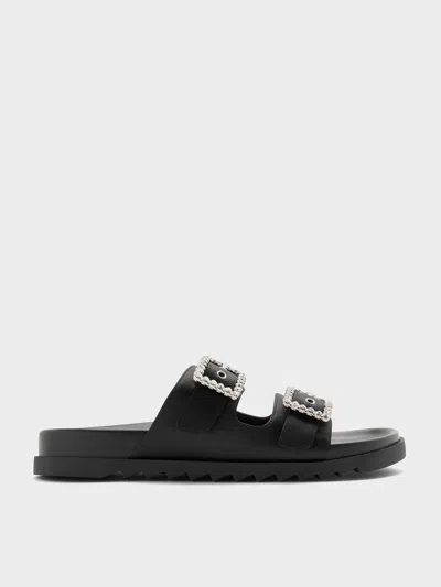 Charles & Keith - Recycled Polyester Gem-buckle Double-strap Sandals In Black Textured