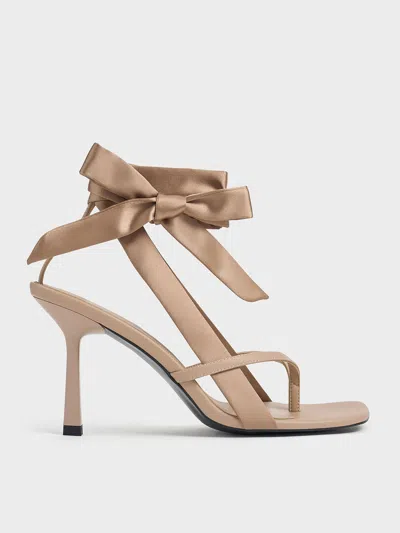 Charles & Keith - Recycled Polyester Tie-around Heeled Thong Sandals In Nude
