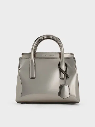 Charles & Keith - Rene Metallic Structured Top Handle Bag In Pewter