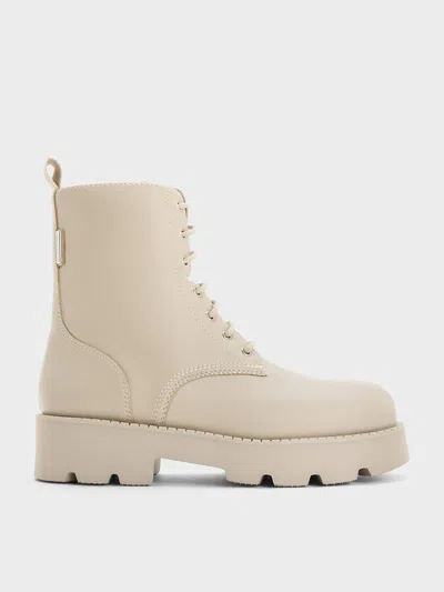 Charles & Keith - Ridged-sole Lace-up Combat Boots In Beige