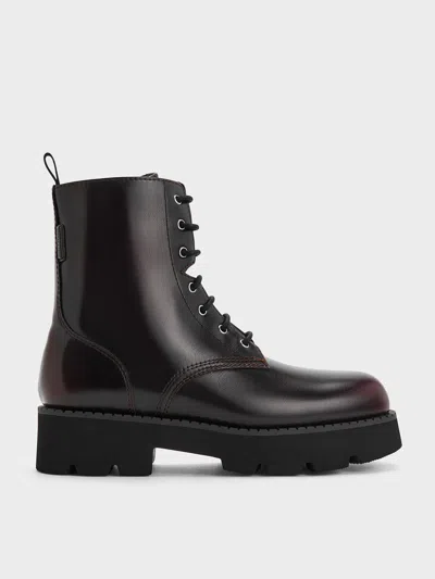 Charles & Keith - Ridged-sole Lace-up Combat Boots In Burgundy