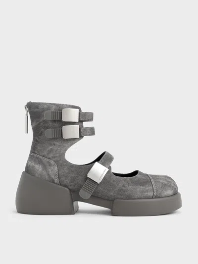 Charles & Keith - Robbie Denim-effect Ankle-strap Mary Jane Boots In Dark Grey