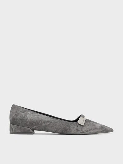 Charles & Keith - Robbie Denim-effect Pointed-toe Ballet Flats In Dark Grey
