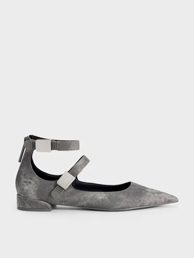 Charles & Keith - Robbie Denim-effect Pointed-toe Mary Jane Flats In Dark Grey