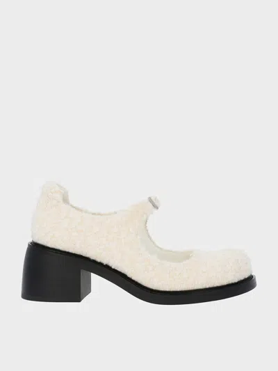 Charles & Keith - Rooney Furry Buckled Block-heel Mary Janes In White