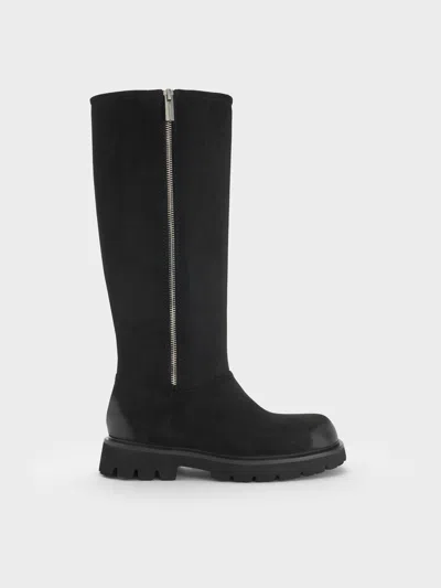 Charles & Keith - Rosamond Faux Suede Side-zip Ridged-sole Knee-high Boots In Black
