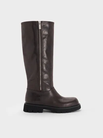 Charles & Keith - Rosamond Side-zip Ridged-sole Knee-high Boots In Brown