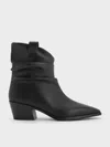 Charles & Keith - Ruched Almond-toe Cowboy Ankle Boots In Black