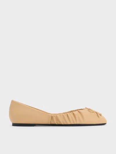 Charles & Keith - Ruched Bow Ballet Flats In Sand