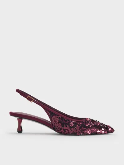 Charles & Keith - Ruthie Sequinned Slingback Pumps In Burgundy