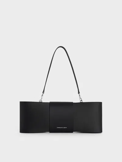 Charles & Keith - Satin Bow Elongated Shoulder Bag In Noir