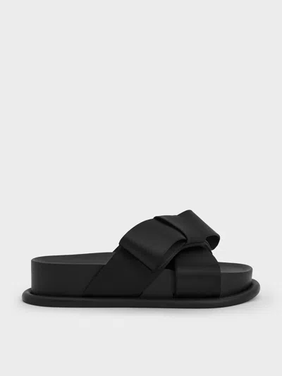 Charles & Keith - Satin Bow Flatform Sandals In Black Textured