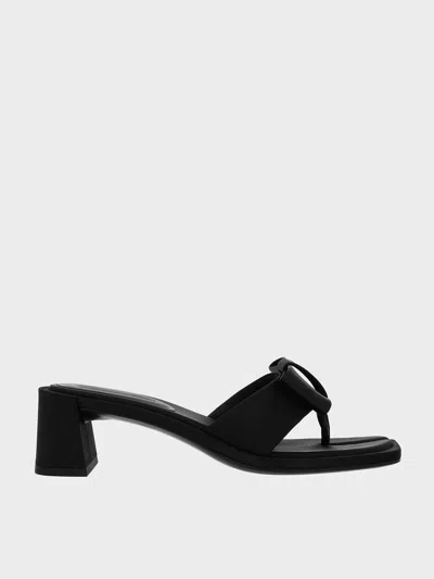 Charles & Keith - Satin Bow Heeled Thong Sandals In Black Textured